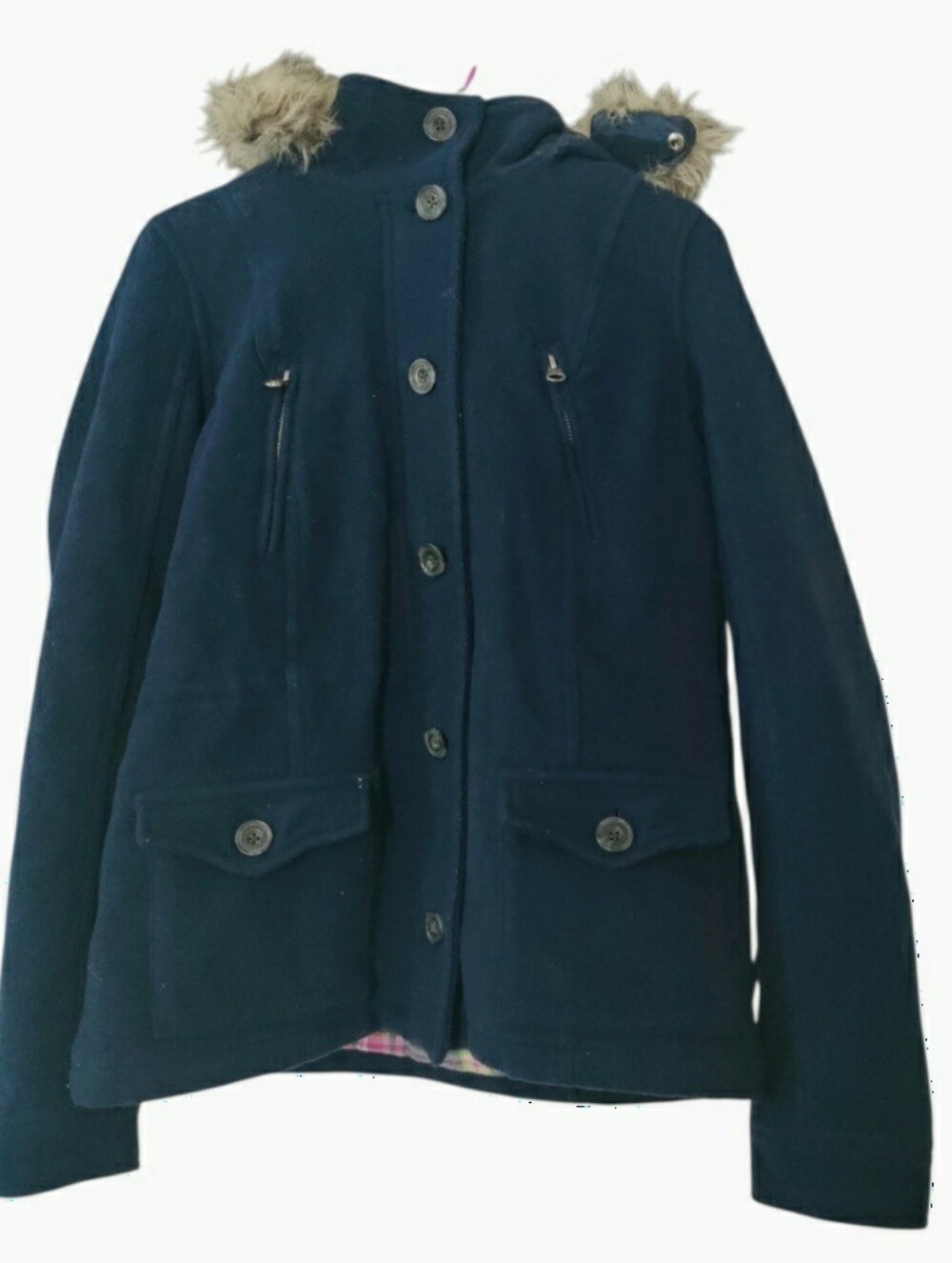 Y2K Aeropostale Wool Hooded Peacoat Faux Fur Button Dark Academia Navy